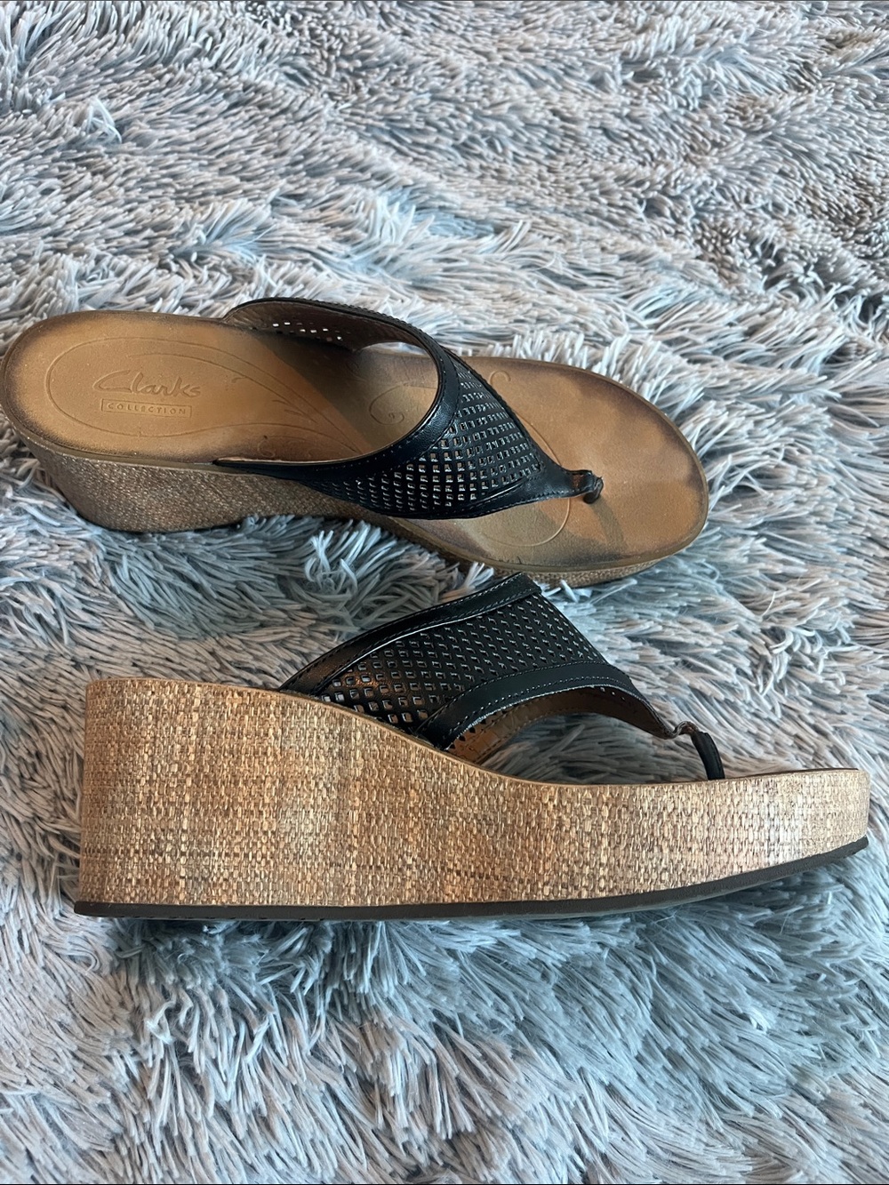 Clarks Black Wedge Thong Sandals with Natural Cork-Look Platform